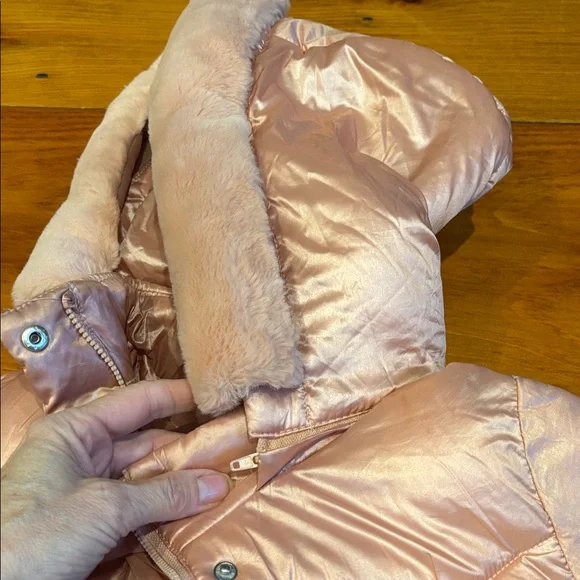 MAYORAL Spain 7 Peach Satin-Lined Jacket Fur Lined Hood High Sheen Puffer Trench